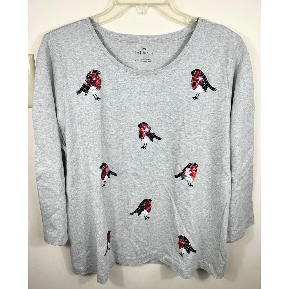 Talbots Sequin Bird Top Novelty Print Women's L Gray Whimsical Holiday Christmas